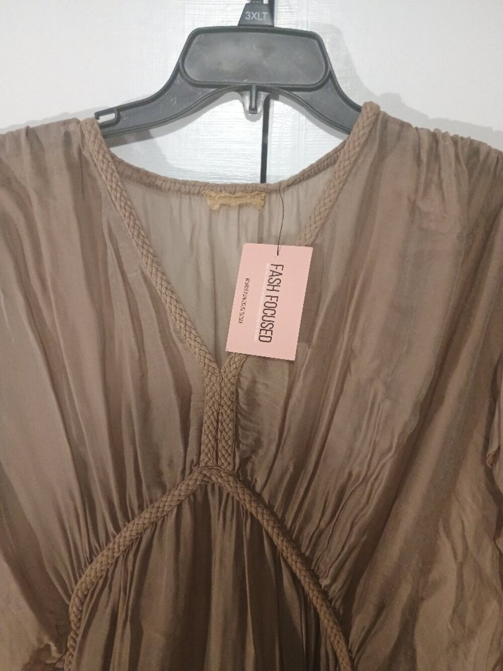 Boho Taupe Grecian Maxi Dress Braided Trim Dolman Sleeve Flowy Kaftan NWT - Picture 6 of 8